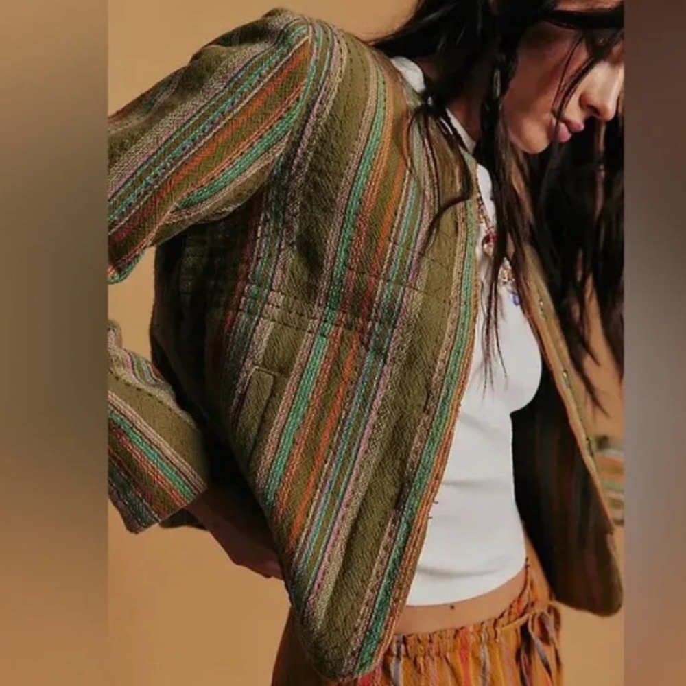 Free People M Medium Zandi woven quilted boxy cropped jacket multi stripe nwt - Picture 1 of 8